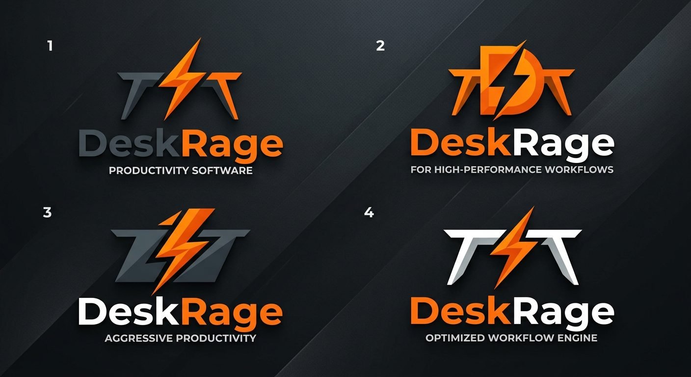 DeskRage logo sheet: four desk-and-lightning lockups in orange on charcoal